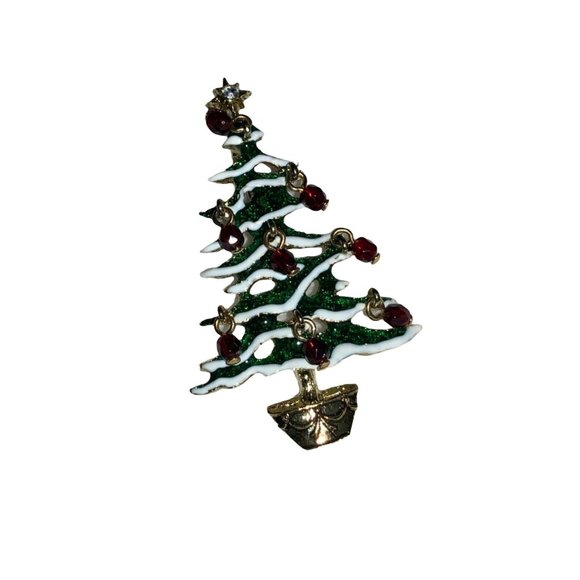 Christmas Tree Pin Brooch with Dangling Bead Ornaments - Picture 1 of 5